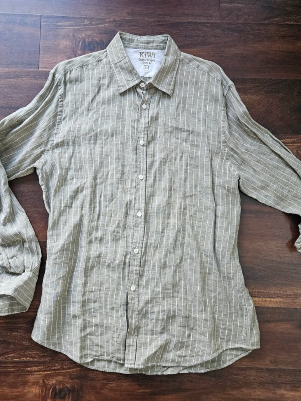 Kiwi St Tropez (France) Mens XL Light Olive Green 100% Linen Long Sleeve Shirt